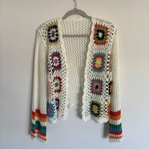 Colorful Crochet Open-Front Cardigan Sweater